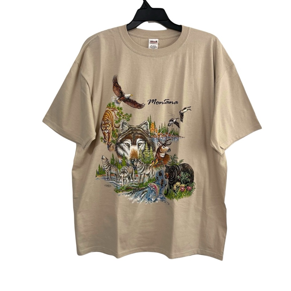 Vintage Anvil Size 2X Montana Wildlife Animals Graphic Short Sleeve Tee Shirt